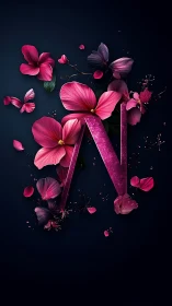 Letter N rendered in pink glitter with layered floral forms