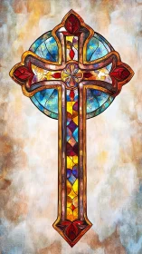 Stained glass cross glows with rich jewel toned light