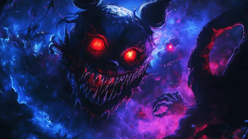 Grotesque red eyed monsters in glowing blue void.