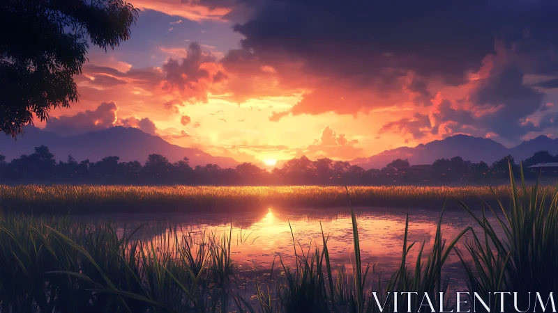 Radiant rice fields at sunset with reflective water surface.