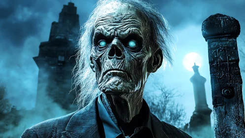 Undead skeletal figure stands in foggy graveyard at night