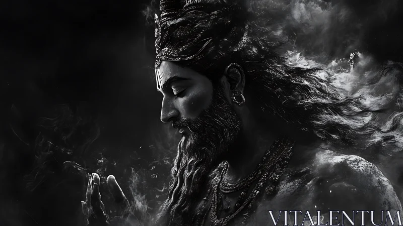 Serene divine figure in swirling smoke and gentle moonlight.