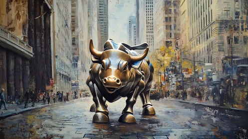 Bronze bull sculpture stands centered on wet city street