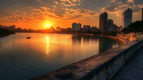 Urban riverfront sunset with glowing sky and skyline reflection.