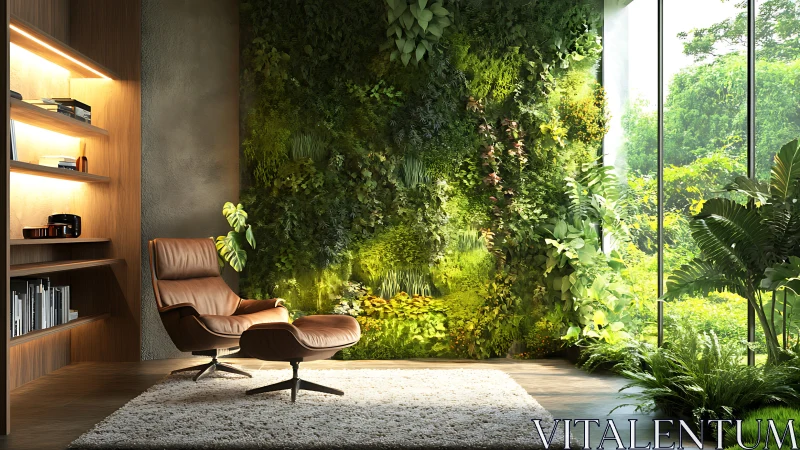 Biophilic reading lounge with vertical garden and leather chair