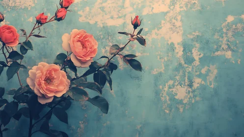 Coral Roses Against Weathered Turquoise Wall.
