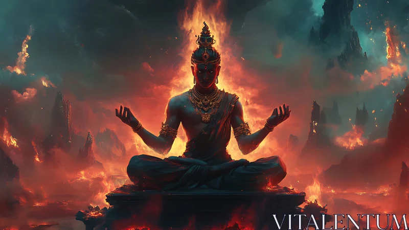 Seated figure in flames within volcanic landscape at dusk.