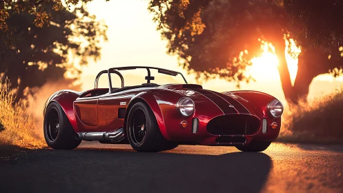 Red classic roadster parked on rural road at sunset.