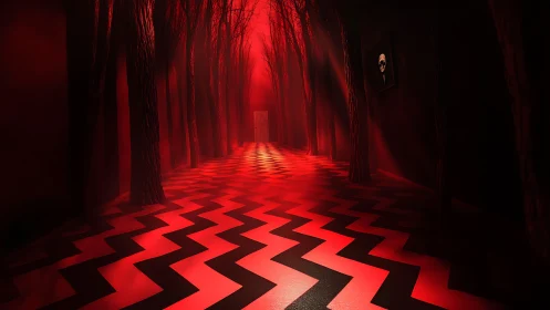 Surreal red corridor with zigzag floor and distant door.