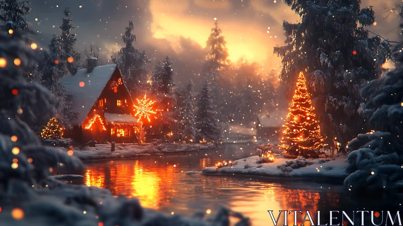 Snowy riverside cabin glowing with cozy holiday lights.