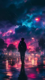 Silhouette walking in neon lit rainy city street at dusk