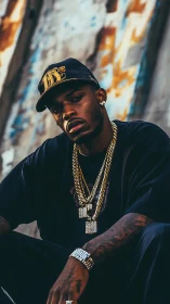 Man in streetwear with multiple gold chains outdoors.