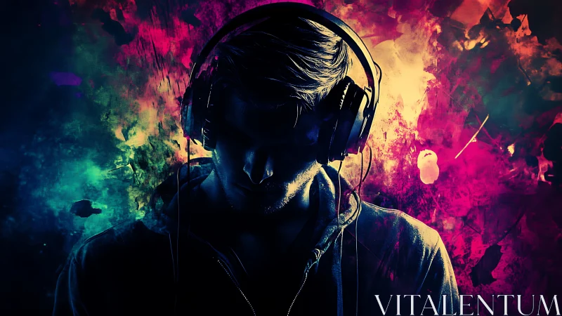 Silhouetted man in headphones stands before neon color burst
