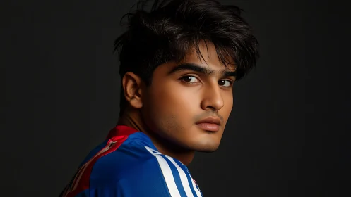 Photorealistic studio portrait, three-quarter athletic profile.