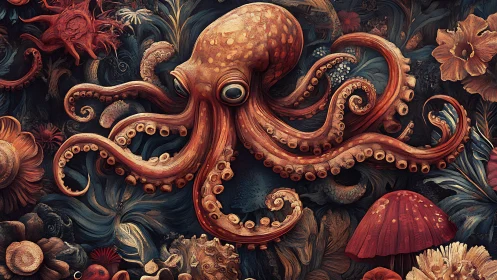 Orange octopus amid dense coral reef and sea flora.