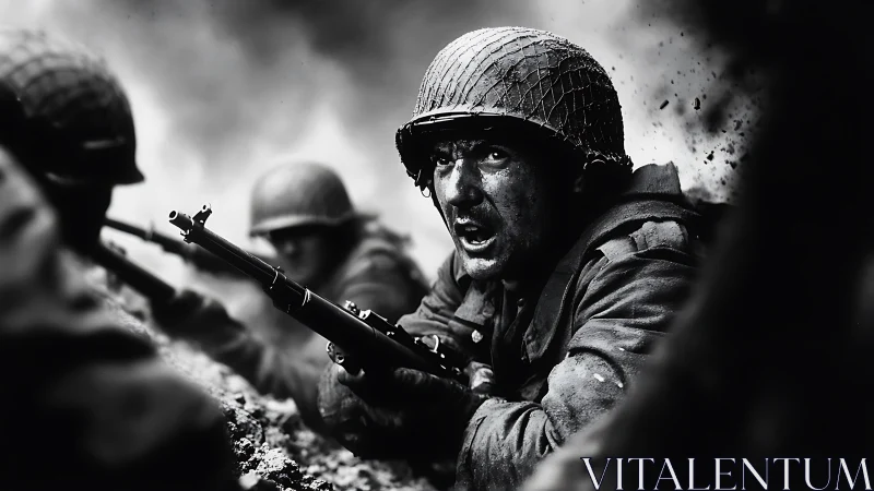 Gritty monochrome battlefield close-up of infantry soldier under fire.