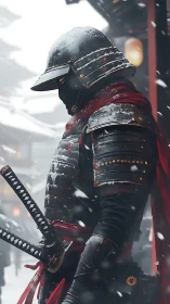 Snow-laden armored samurai profile with dual katana rigging.