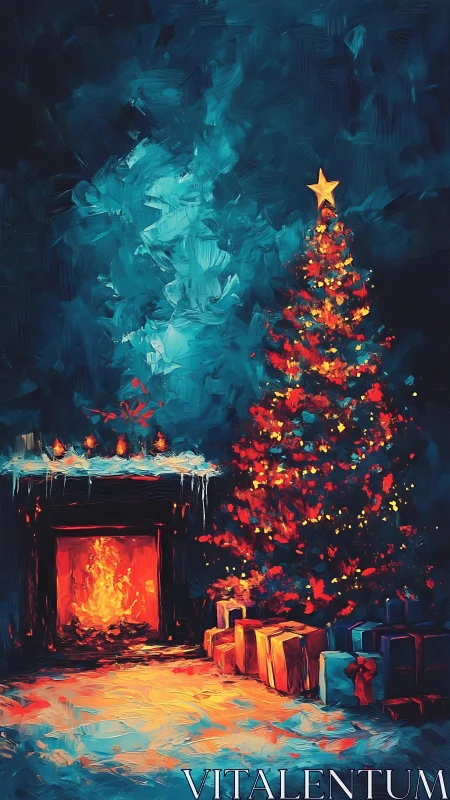 Christmas tree by fireplace with glowing wrapped gifts.