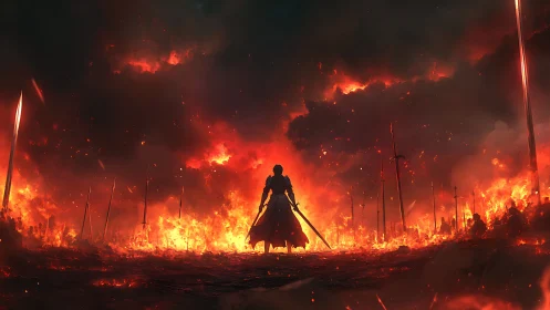 Solitary armored swordsman amid burning battlefield scene.