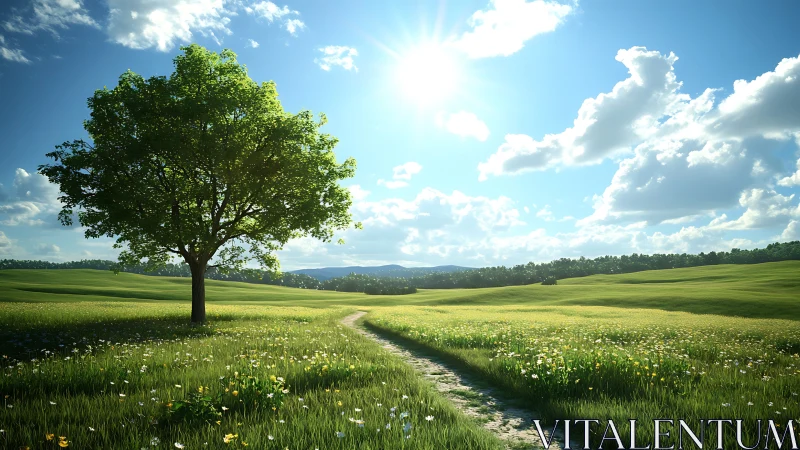 Single tree stands beside dirt path across sunlit meadow