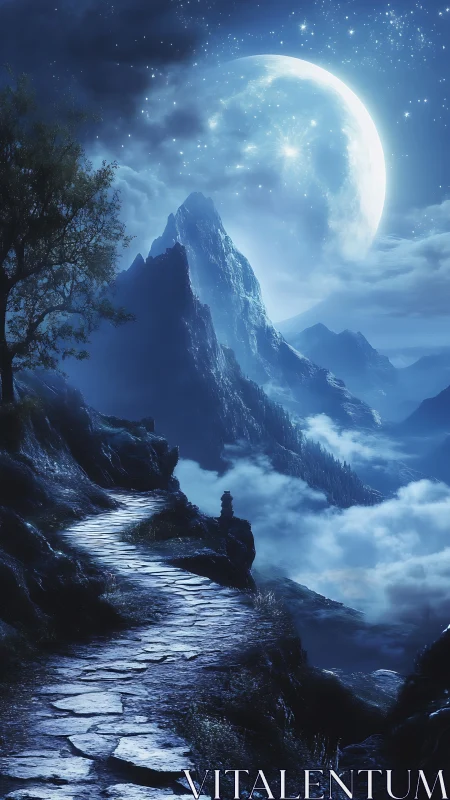Moonwashed mountain path curling through dream blue night.