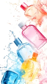 Splash-born perfume bottles dance in cascading color storms.