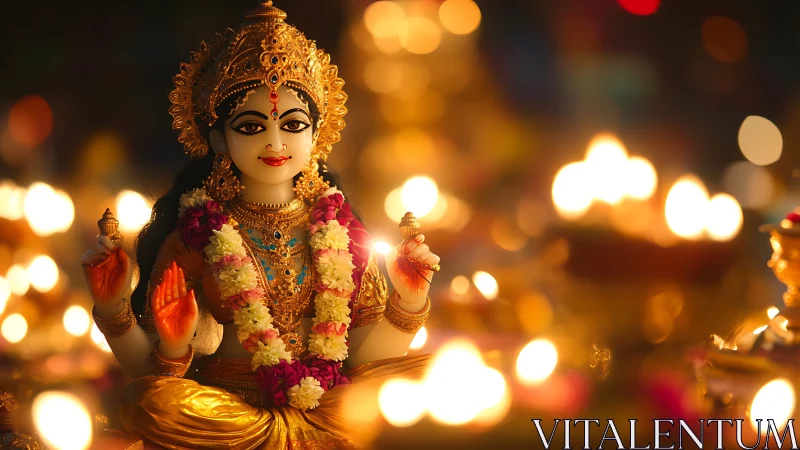 Goddess idol glows in rivers of festive candlelight and color.