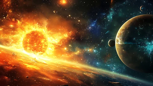 Blazing newborn star pours golden fire across deep space