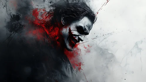 Brooding clown figure wrapped in smoky red and gray haze.