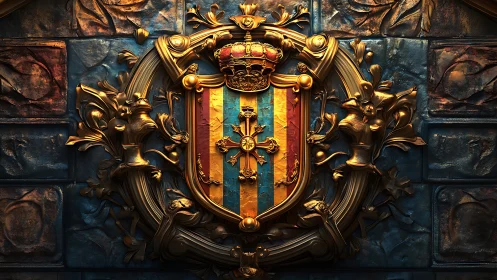 Regal crest gleams in ornate gold against weathered stone.