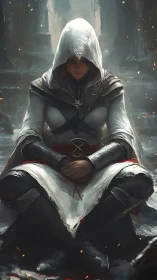 Hooded assassin rests in solemn meditation amid ruins.