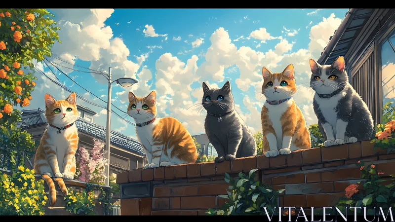 Five Feline Sentries Survey Their Urban Kingdom from the Brick Rampart