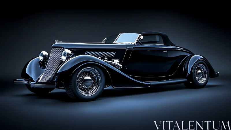 Streamlined black vintage roadster under dramatic studio lighting.
