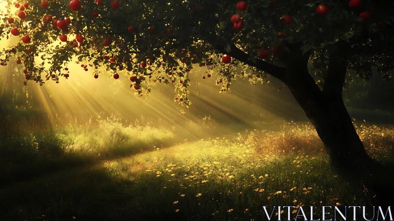Backlit apple orchard meadow in atmospheric digital painting.