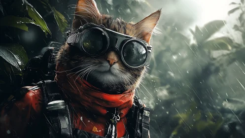 Steampunk Explorer Cat in the Jungle Rain.