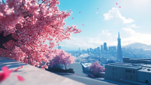 Cherry blossoms above distant modern city skyline.