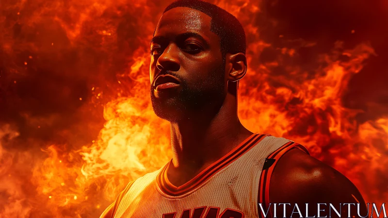 Basketball star in blazing firelit arena portrait.