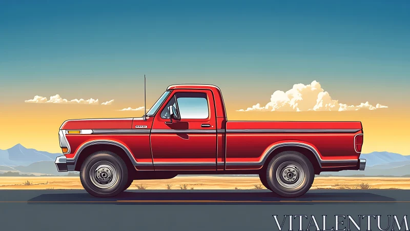 Classic red pickup truck on open desert highway at dusk.