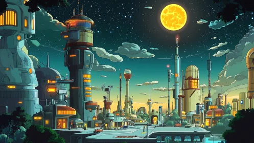Futuristic orbital-spaceport cityscape under oversized full moon