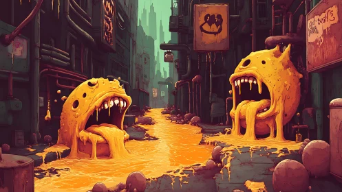 Playful slime monsters spill across a quirky neon alley.