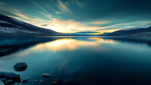 Calm mountain lake at sunset with strong sky reflection.