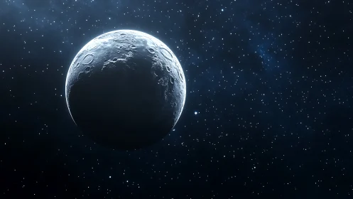 Luminous crescent moon adrift in a deep starfield night.