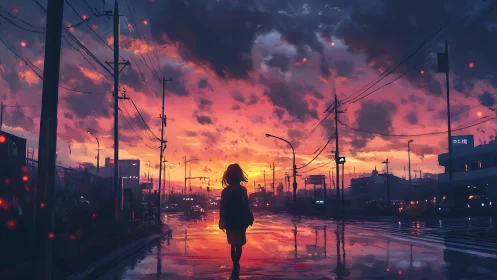Evening sky pours warm color over a quiet city street walk