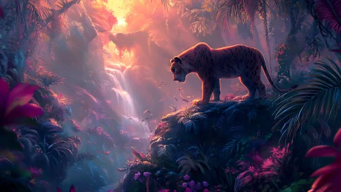 Canine figure positioned on elevated terrain within luminescent forest environment.