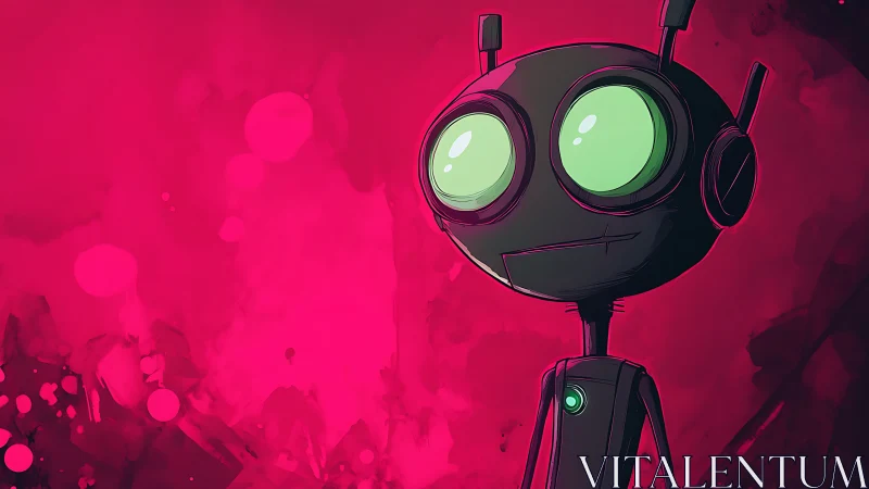 Glow-eyed robot daydreams quietly in a neon magenta storm