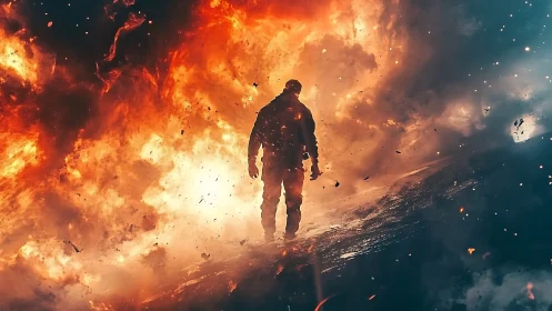 Solitary figure navigating explosive inferno with dynamic particle physics simulation