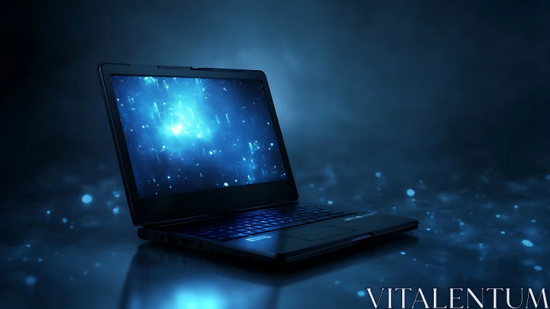 Backlit laptop rendering with volumetric blue data field.
