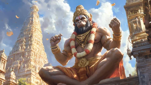 Monumental simian deity in dynamic temple courtyard tableau.