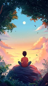 Solitary boy watches golden sunset from forest cliff