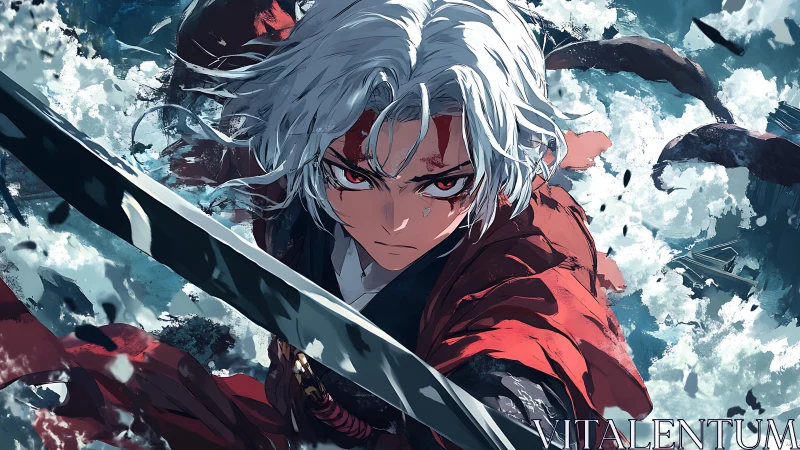 White haired anime swordsman charges forward with drawn blade